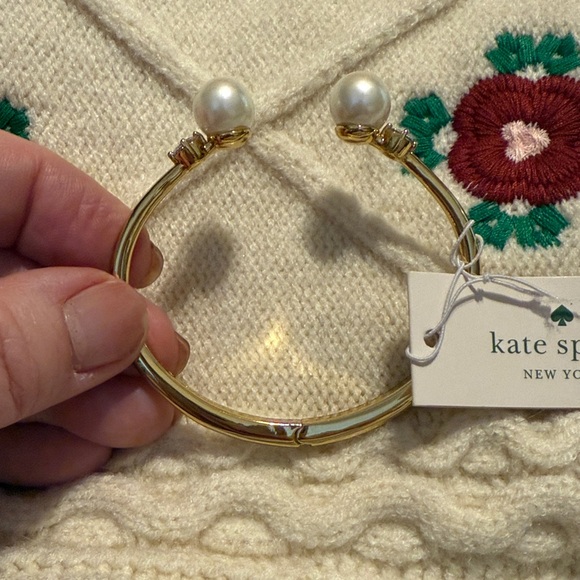 Kate Spade Gold Bracelet with Pearl Accents Spring Open, Fits Smaller Wrist - Picture 3 of 5